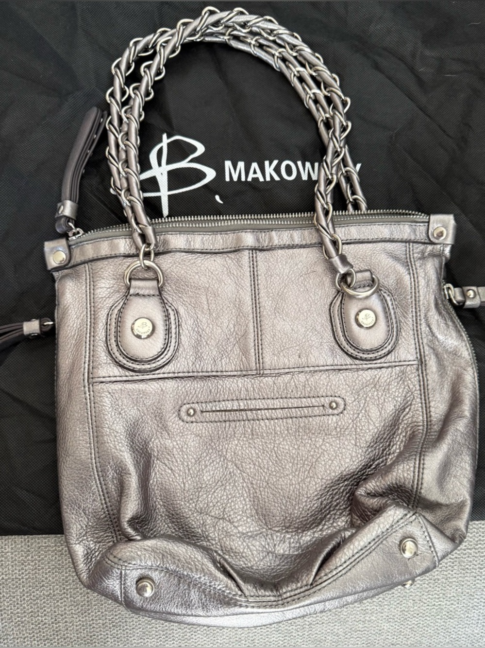 Designer B Makowsky Metallic Gray Leather Tote Bag with Chain Link Handles
